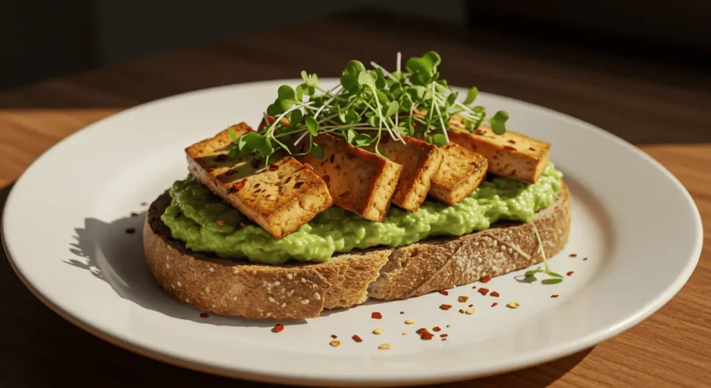 Avocado toast with tofu slices and microgreens on sourdough bread