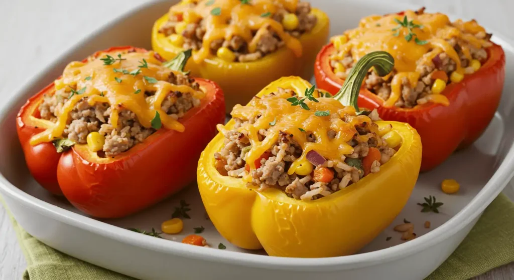 Colorful stuffed peppers filled with turkey, rice, and vegetables on a baking tray