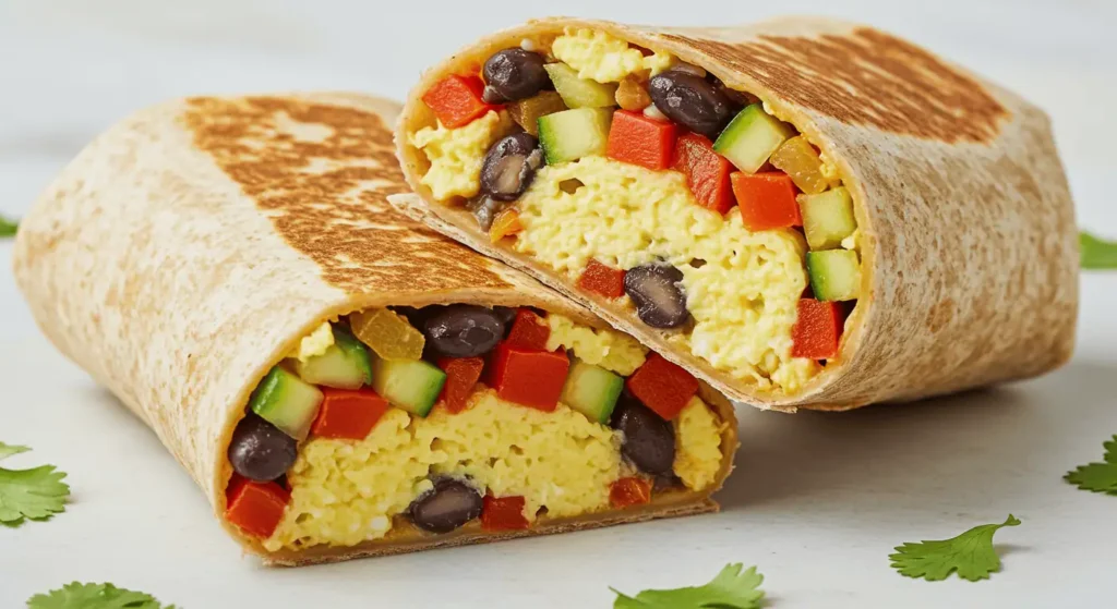 Sliced breakfast burritos with eggs, beans, and vegetables on a wooden board.