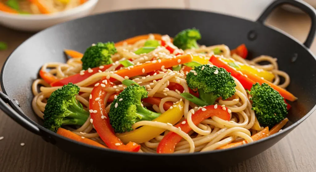 Vegetable stir-fry with rice noodles, broccoli, and carrots