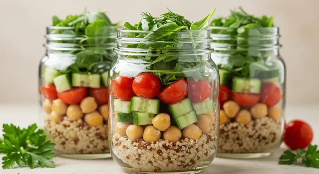 Mason jars filled with layered chickpea salad, vegetables, and quinoa