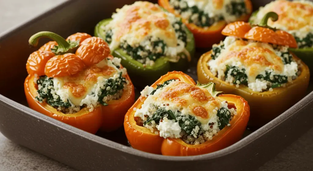 Stuffed peppers with spinach and ricotta cheese fresh out of the oven