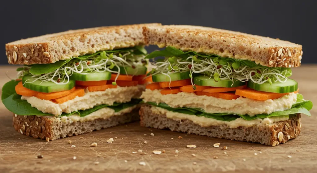 Hummus and veggie sandwich with cucumber, sprouts, and carrots