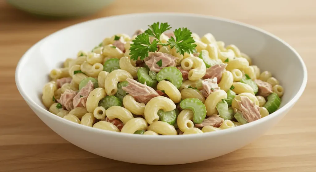 Tuna pasta salad with celery and parsley served in a light blue bowl