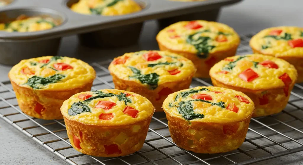 Vegetable egg muffins cooling on a wire rack after baking