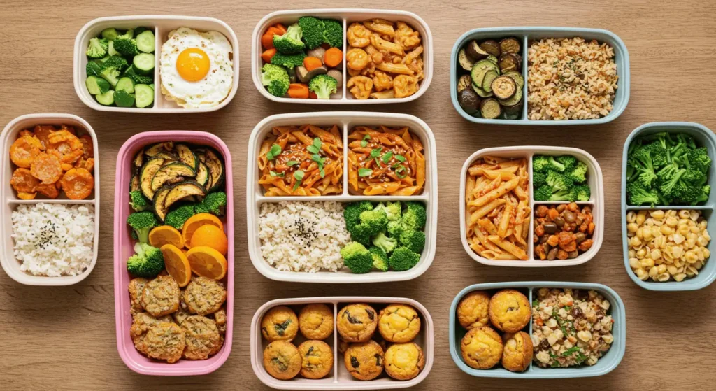 Top view of 11 budget-friendly meal prep containers with a variety of healthy meals for the week