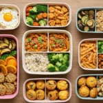 Top view of 11 budget-friendly meal prep containers with a variety of healthy meals for the week