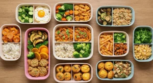 Top view of 11 budget-friendly meal prep containers with a variety of healthy meals for the week