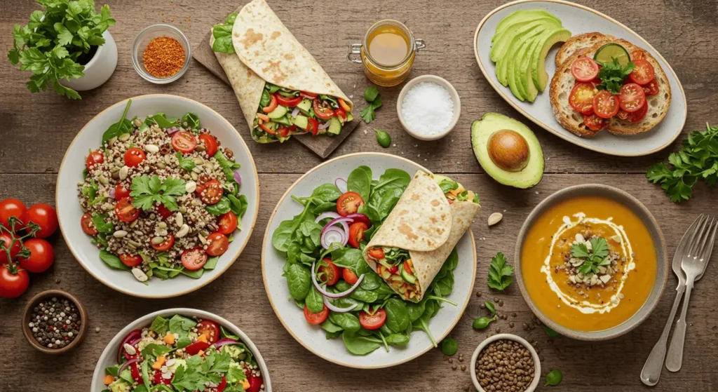 Assortment of colorful vegetarian lunch recipes including quinoa salad, veggie wrap, and avocado toast on a rustic table