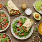 Assortment of colorful vegetarian lunch recipes including quinoa salad, veggie wrap, and avocado toast on a rustic table