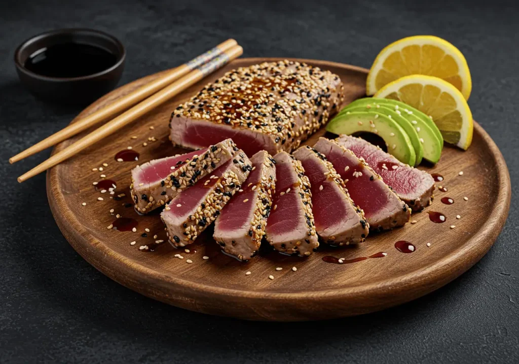 Grilled ahi tuna steak sliced with sesame and avocado garnish