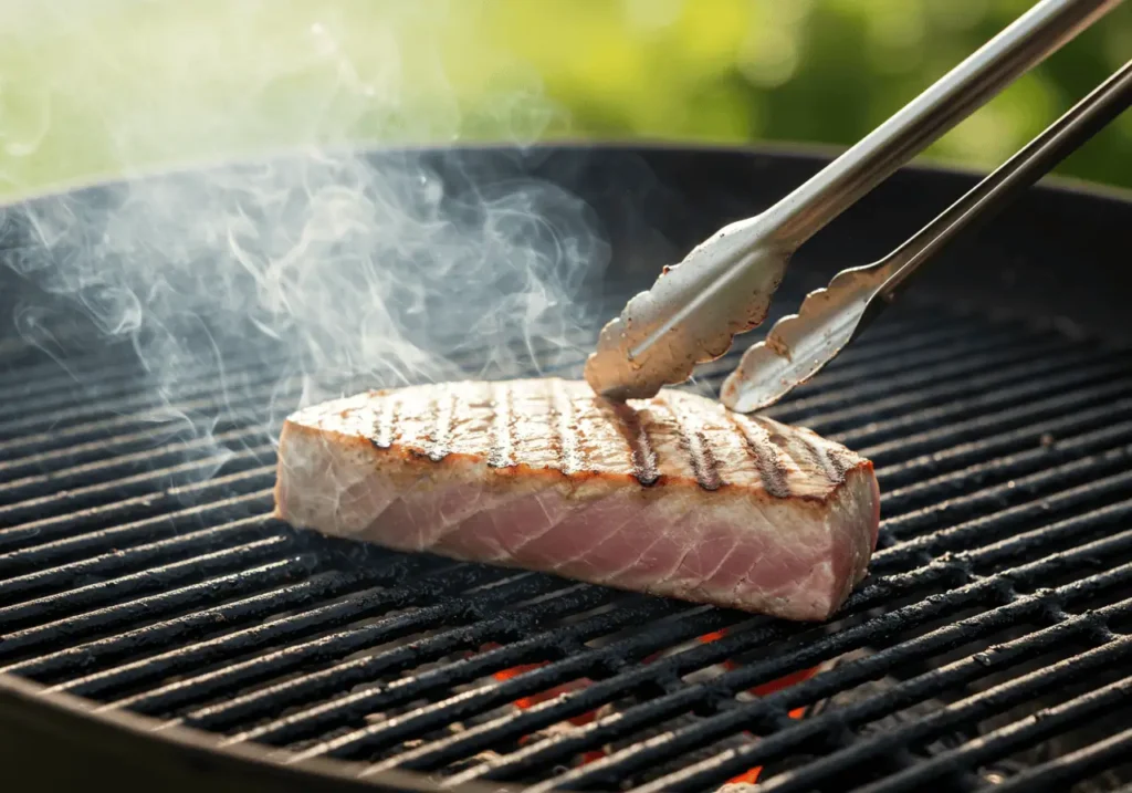Ahi tuna being grilled with char marks and smoke
