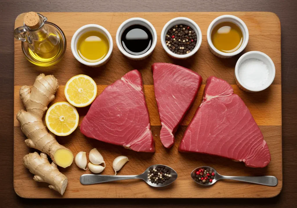 Raw ahi tuna steaks and marinade ingredients on a cutting board