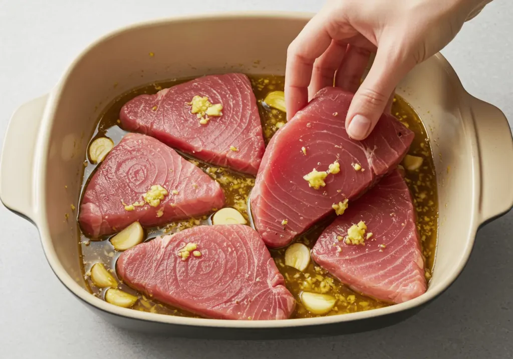 Marinating ahi tuna steaks in a soy-lemon-ginger mix