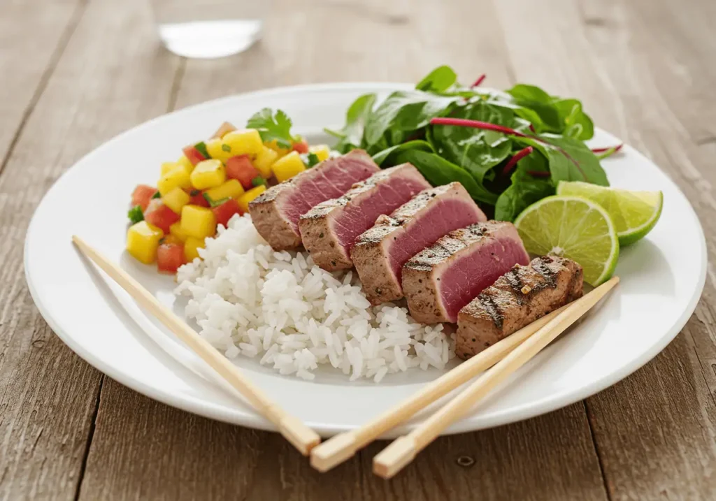 Grilled ahi tuna plated with rice, mango salsa, and salad