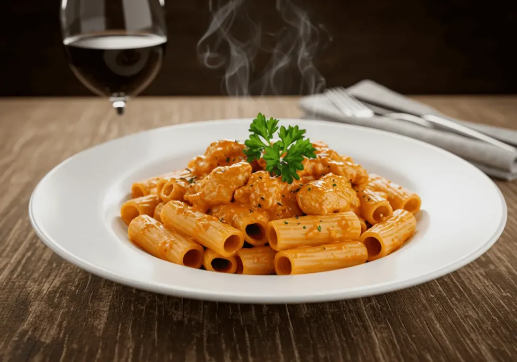 Spicy Chicken Riggies served with creamy tomato sauce and parsley