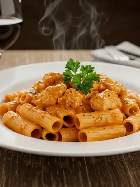 Spicy Chicken Riggies served with creamy tomato sauce and parsley