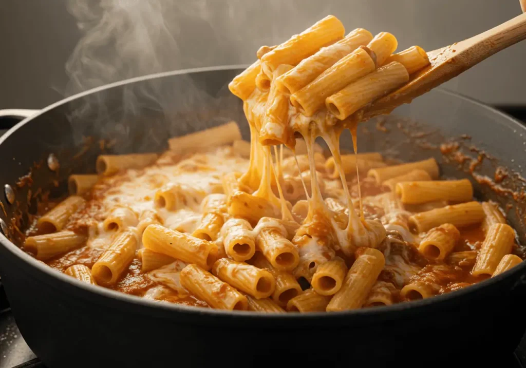 Rigatoni mixing into spicy tomato-cream sauce on the stovetop