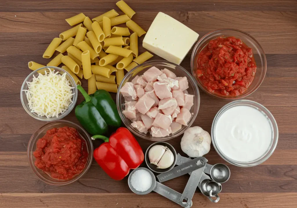 Ingredients for spicy chicken riggies including rigatoni, cherry peppers, and tomatoes