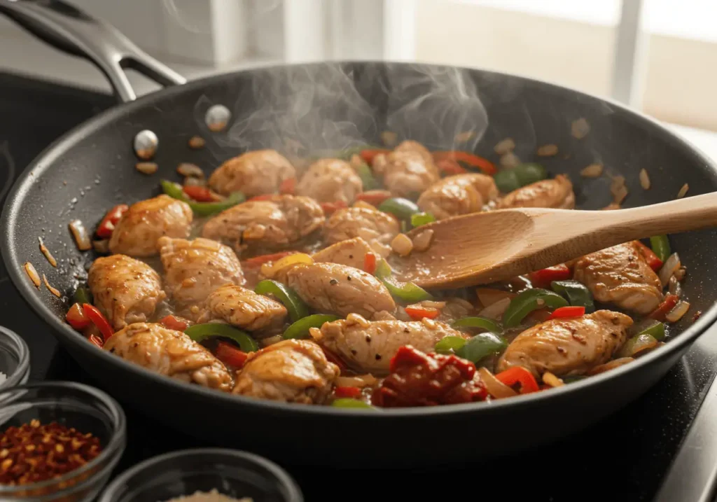 Chicken and vegetables sautéing for spicy riggies in a skillet