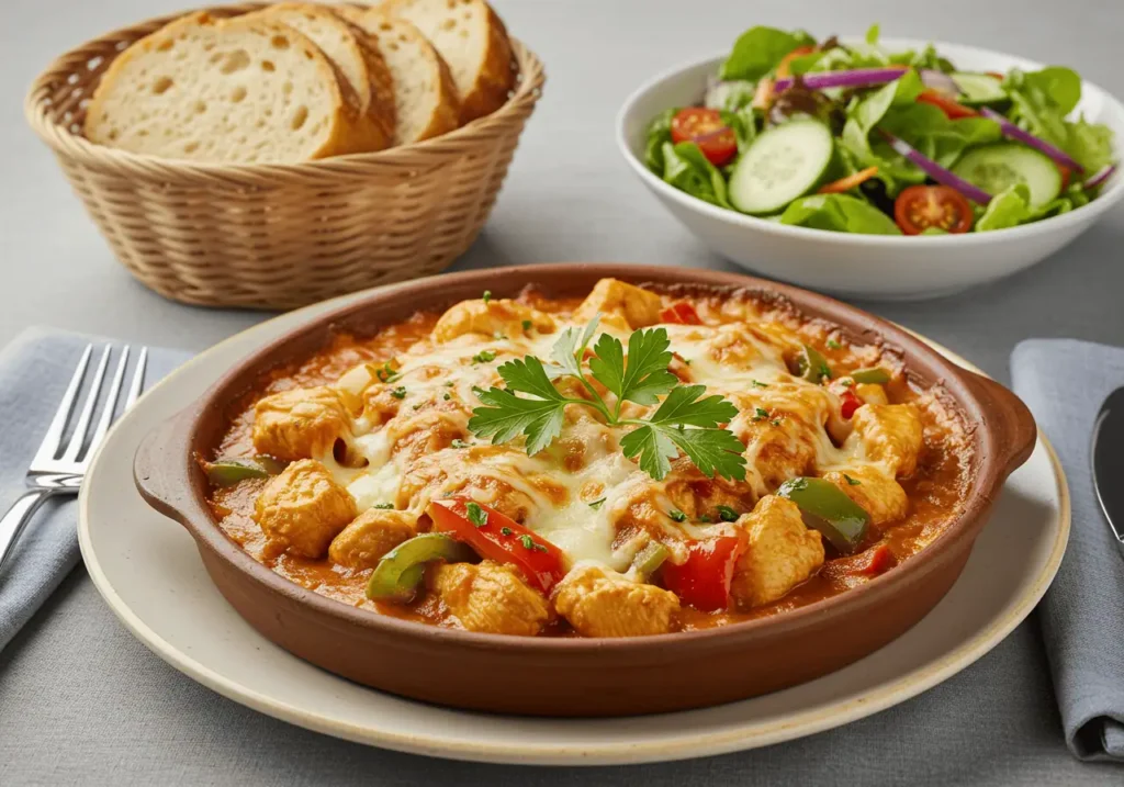Plated spicy chicken riggies with parsley and cheese