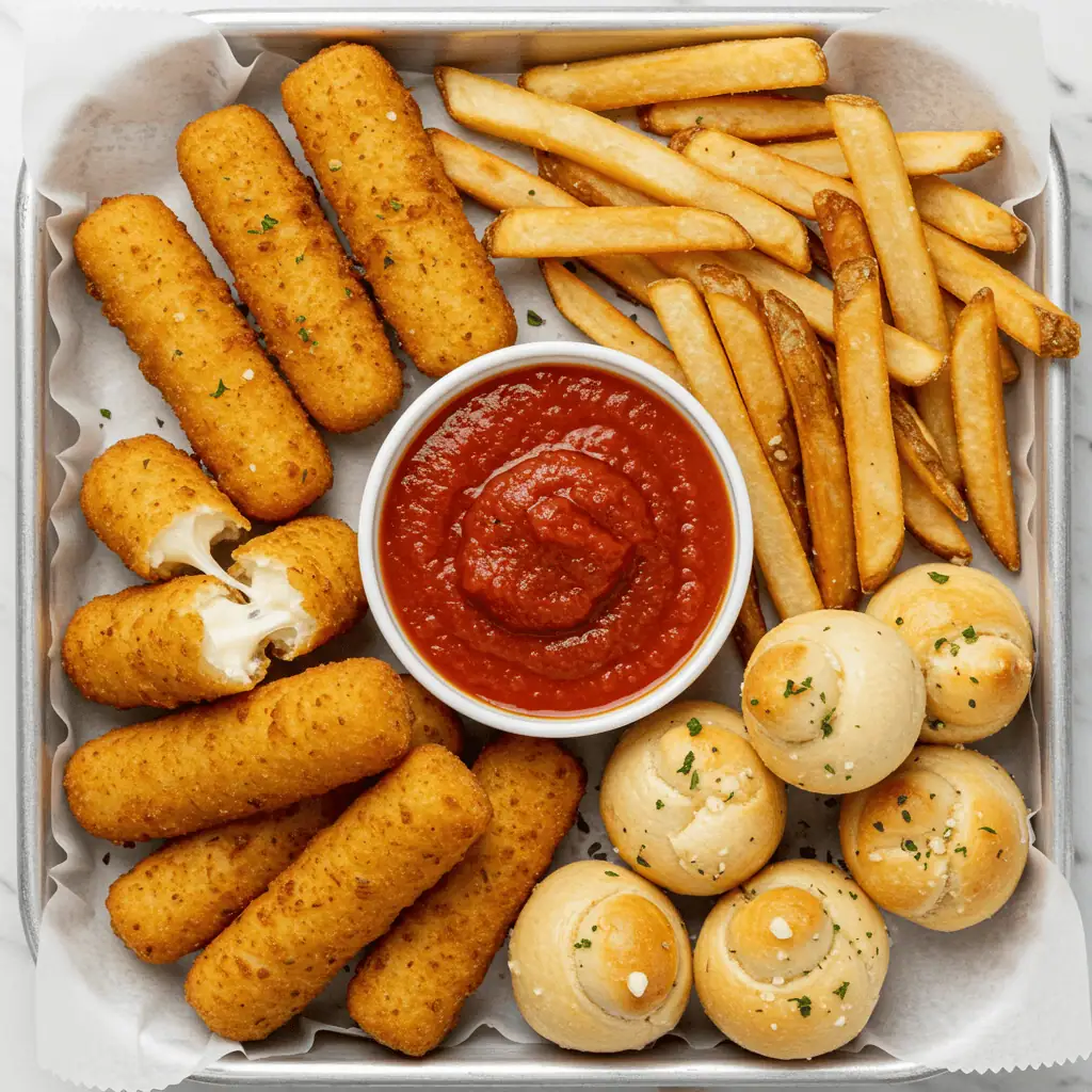 appetizer tray with marinara sauce and mozzarella sticks