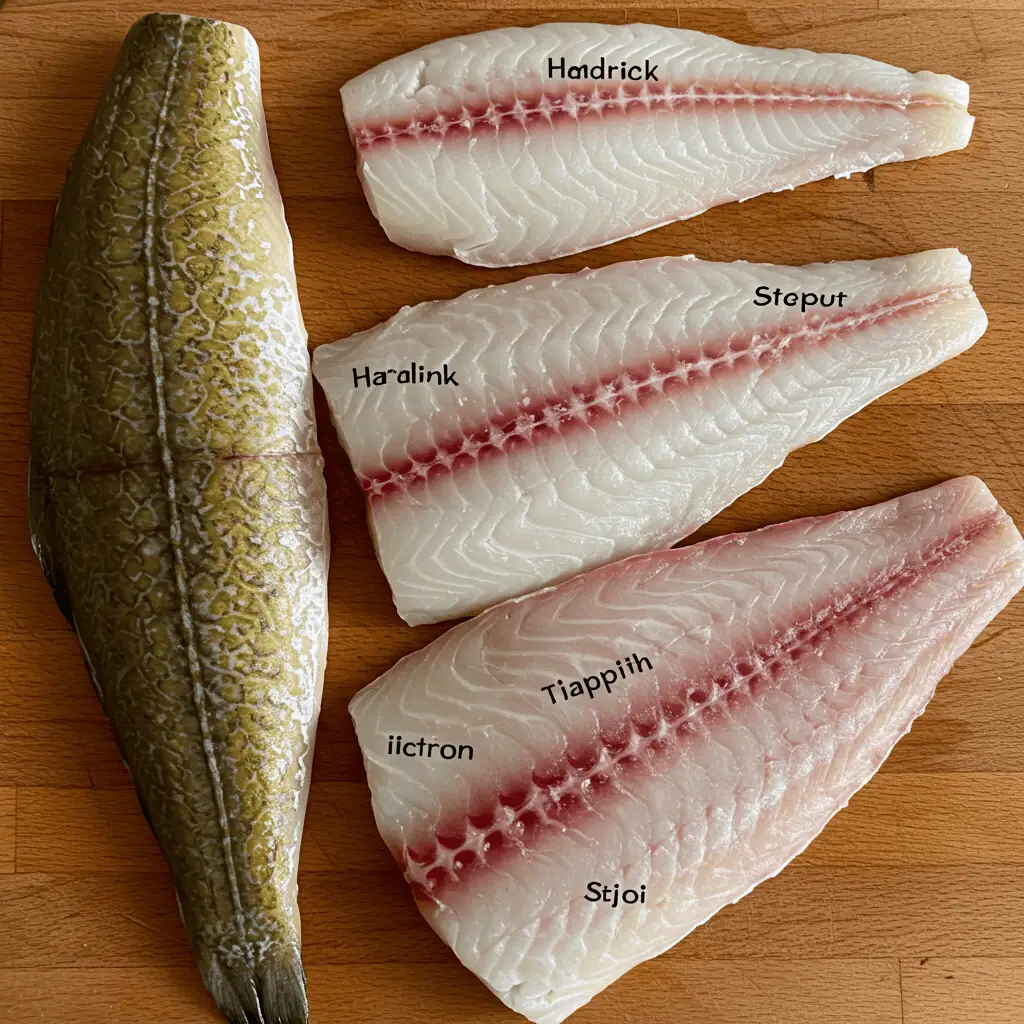 Cod, haddock, and tilapia raw fillets for frying