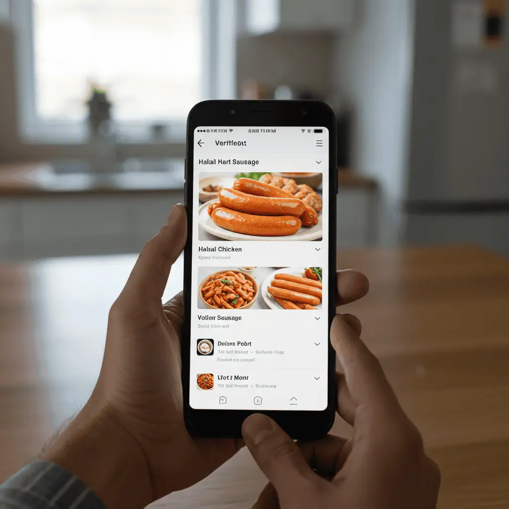 Online halal chicken sausage order on smartphone
