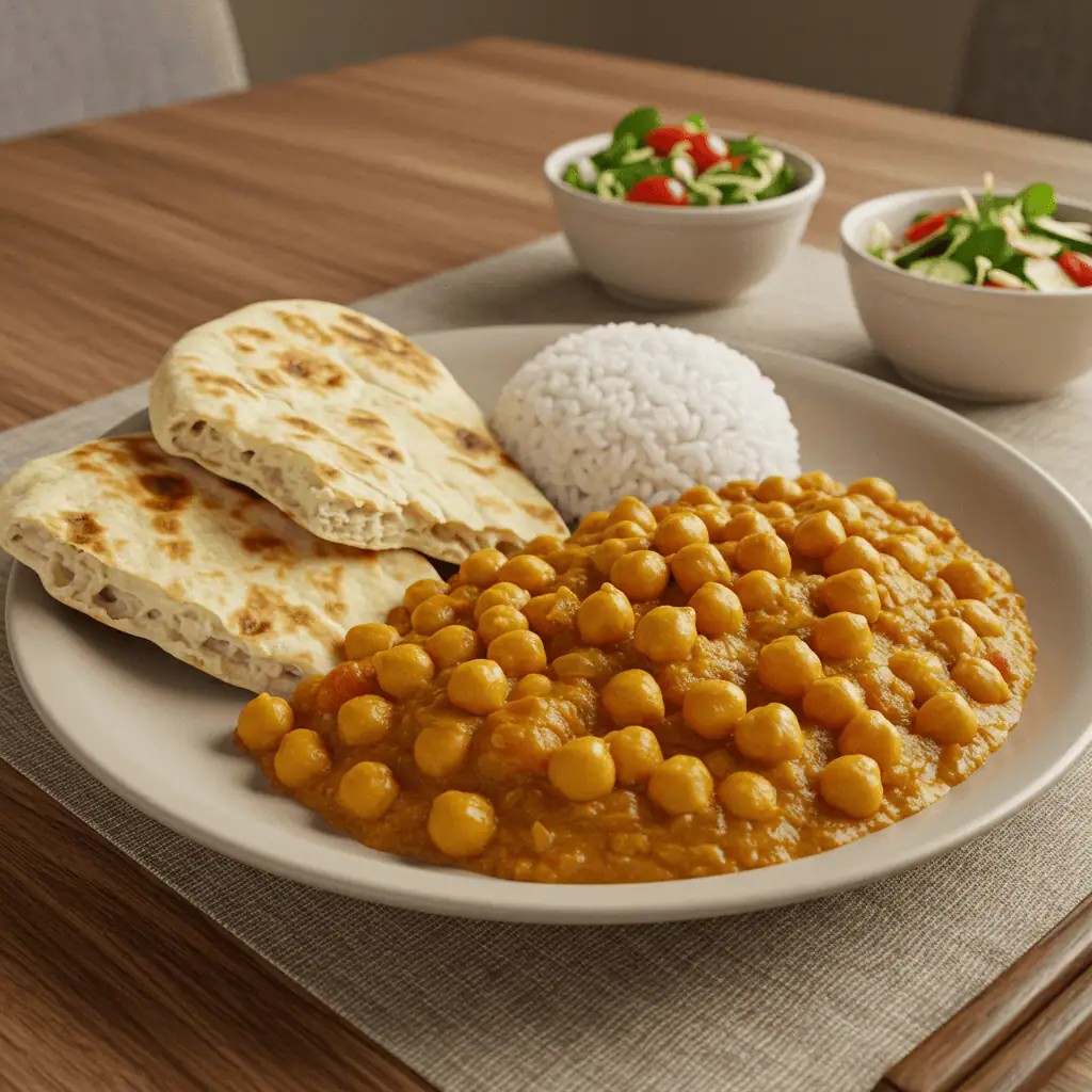 Easy chickpea curry with naan and salad