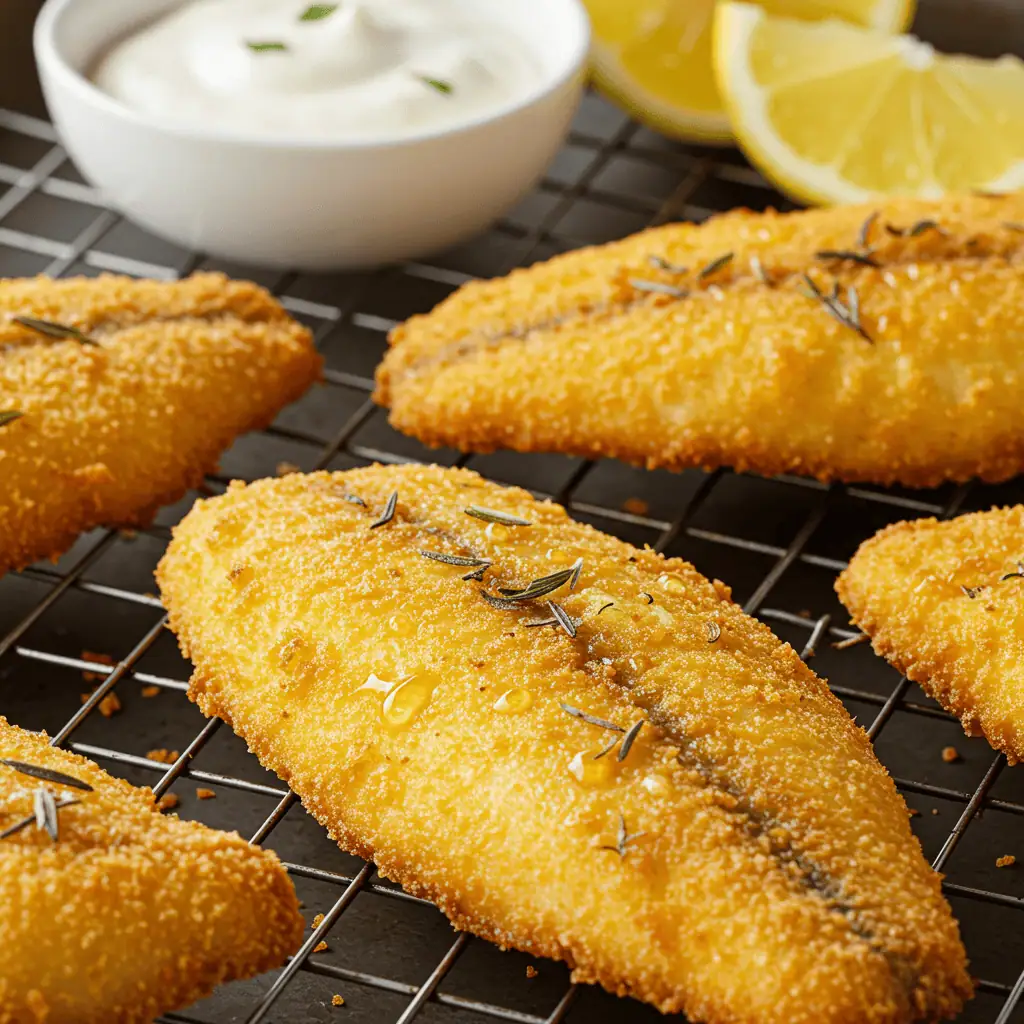 Crispy fish fillets with golden crust on wire rack