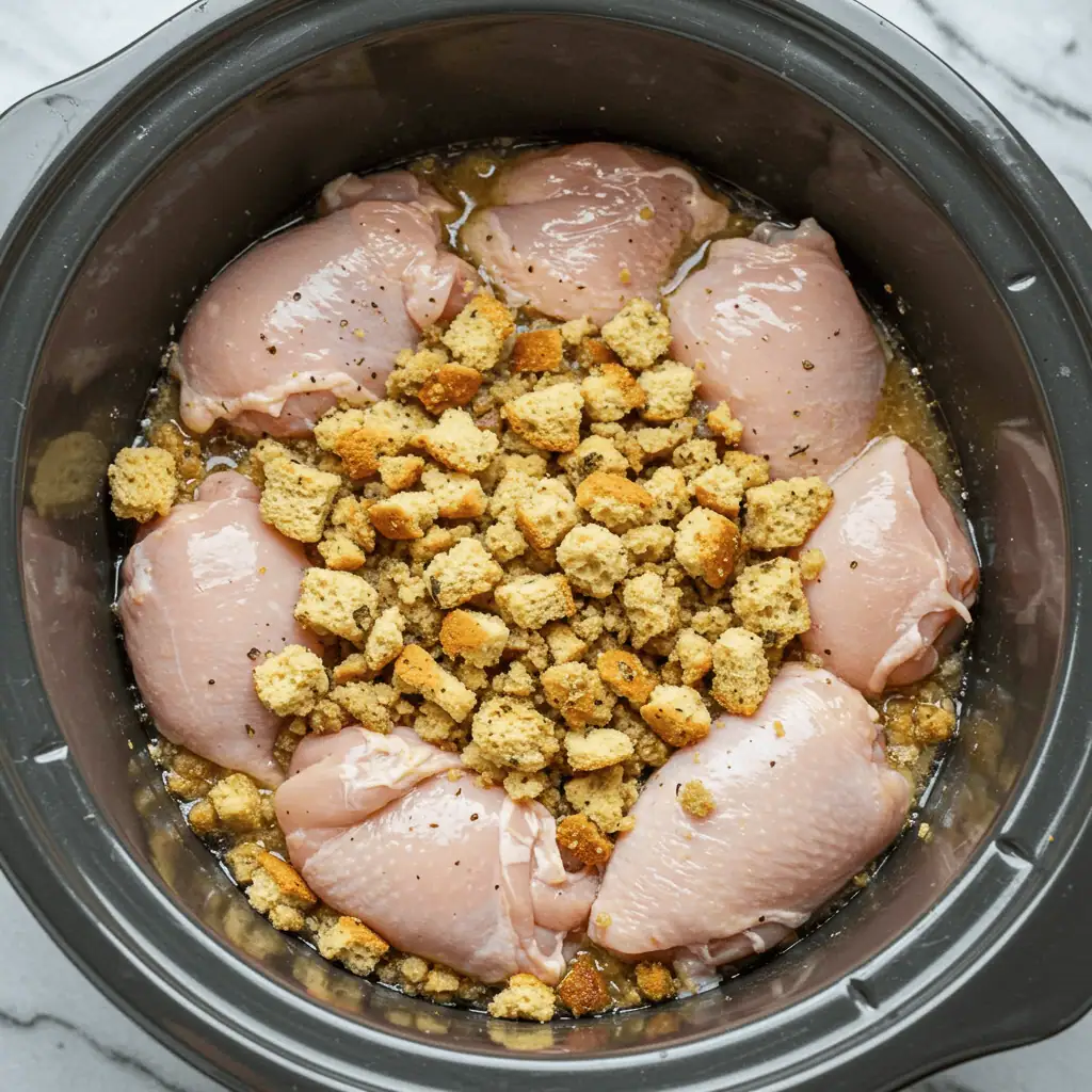 Layering chicken and stuffing in slow cooker