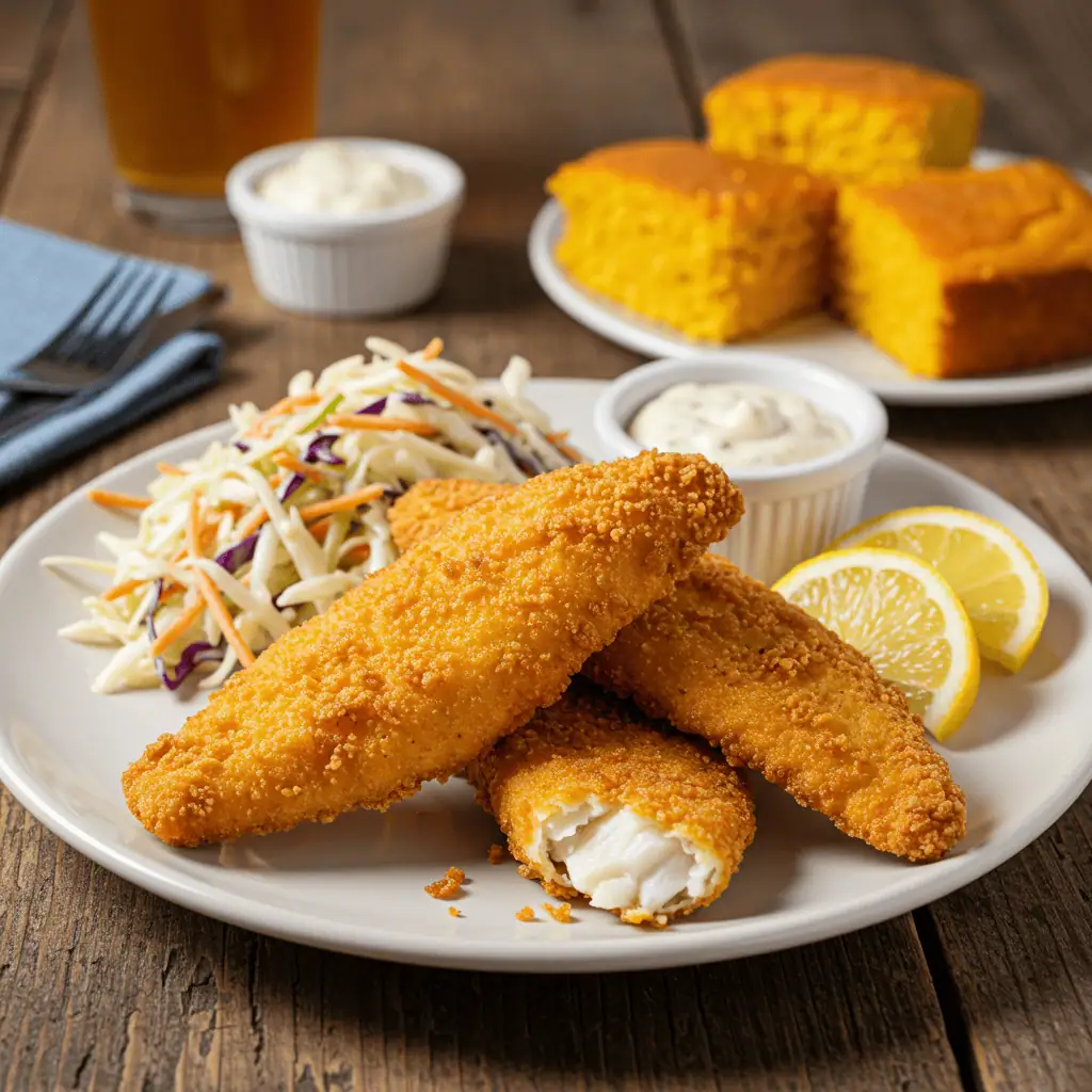 Crispy fish fillets with coleslaw and tartar sauce