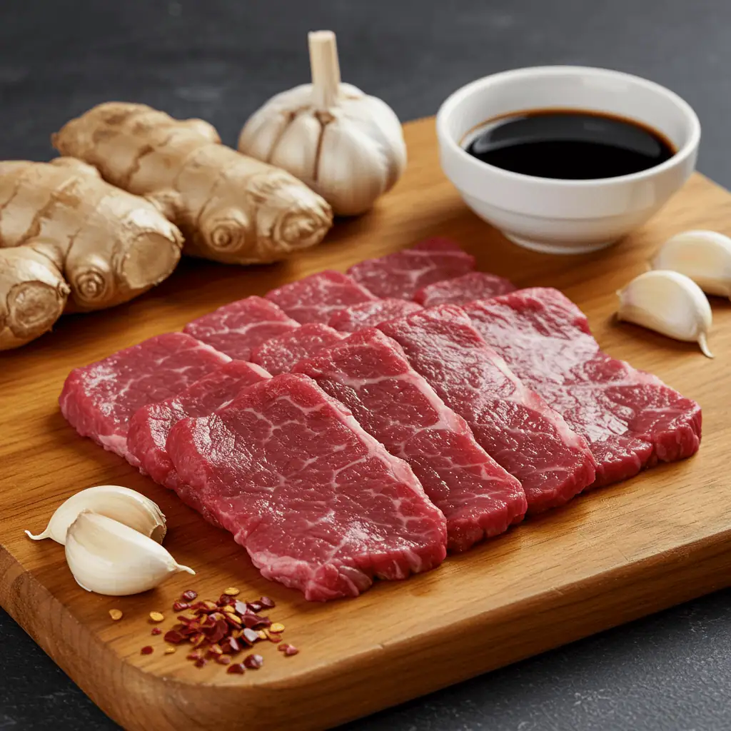 Halal beef slices on cutting board with stir-fry ingredients
