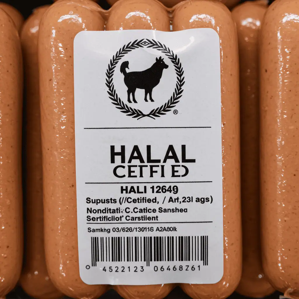 Certified halal chicken sausage label with Islamic logo