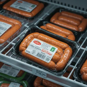 Halal chicken sausage packaging in grocery store
