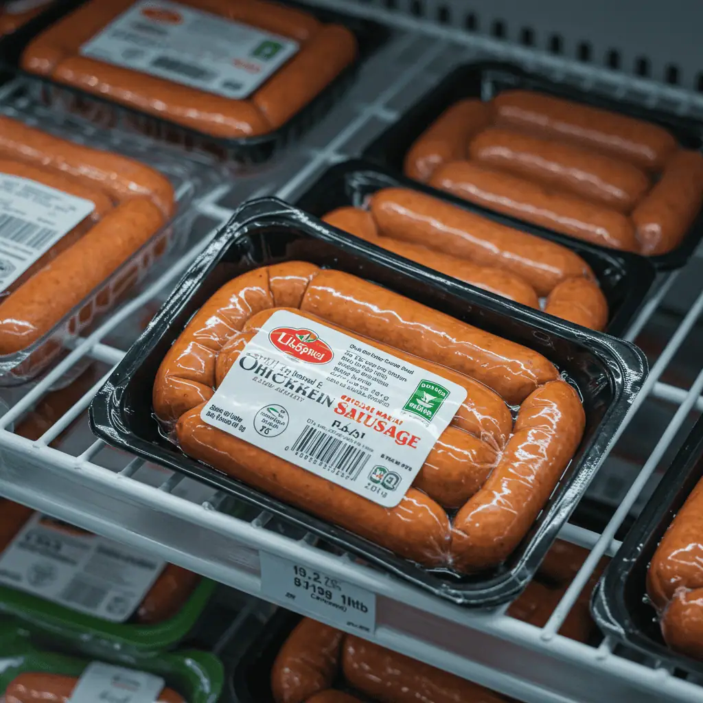 Halal chicken sausage packaging in grocery store