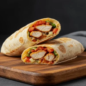 Halal chicken wrap with garlic sauce served in pita