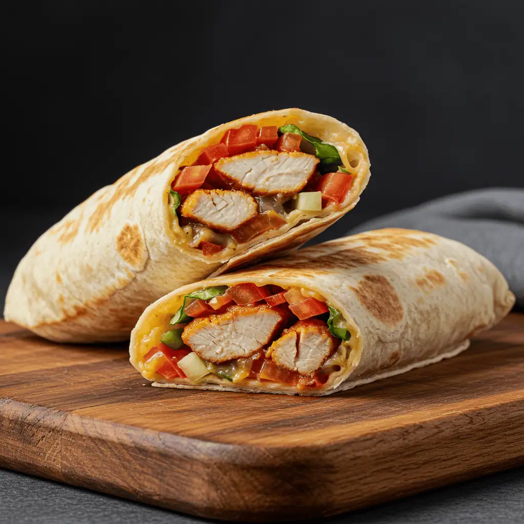 Halal chicken wrap with garlic sauce served in pita