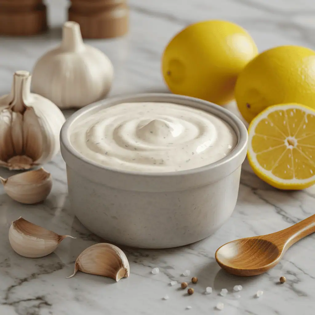Bowl of halal garlic sauce for wraps