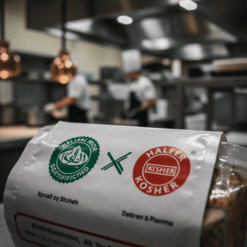 Halal and kosher certification logos on food packaging