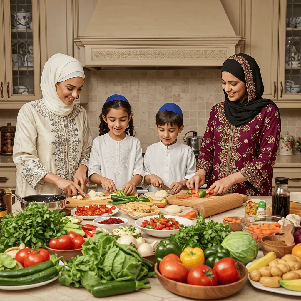 Jewish and Muslim families preparing halal and kosher vegetarian food