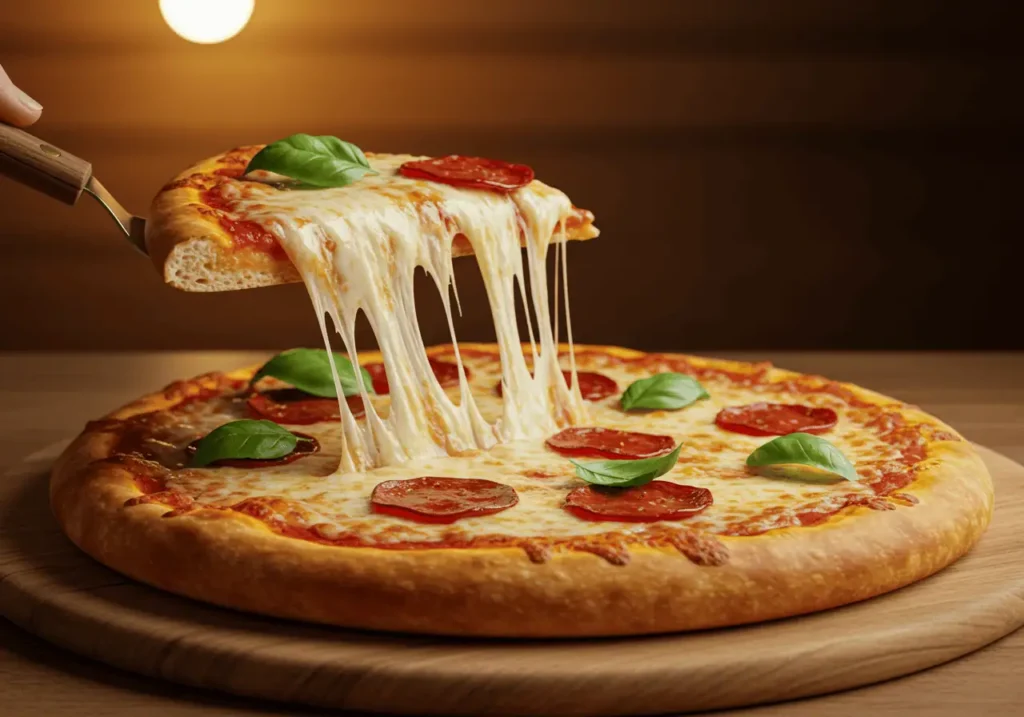 Halal pepperoni pizza with melted cheese and fresh basil.
