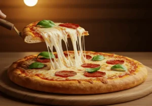Halal pepperoni pizza with melted cheese and fresh basil.