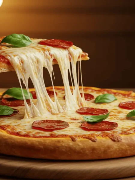 Halal pepperoni pizza with melted cheese and fresh basil.