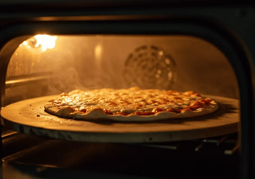 Halal pepperoni pizza baking with bubbling cheese.
