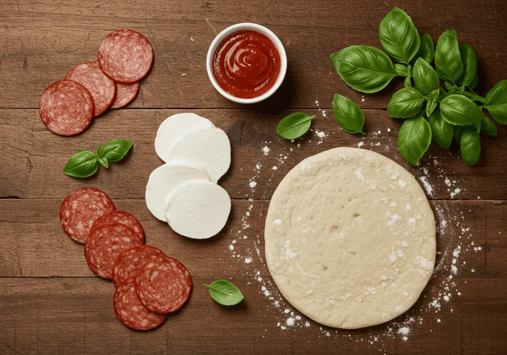 Halal pizza ingredients on a rustic table.