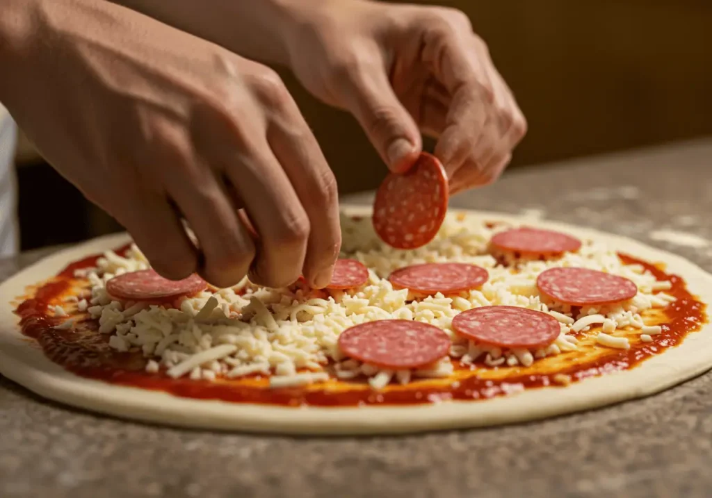 Assembling a homemade halal pepperoni pizza.