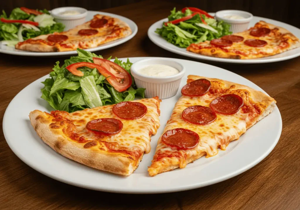 Served halal pepperoni pizza slices with salad.
