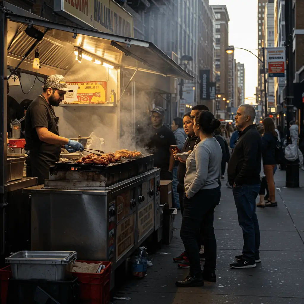 Halal food truck preparing garlic chicken wraps