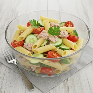 Healthy pasta salad with tuna, cucumbers, and tomatoes